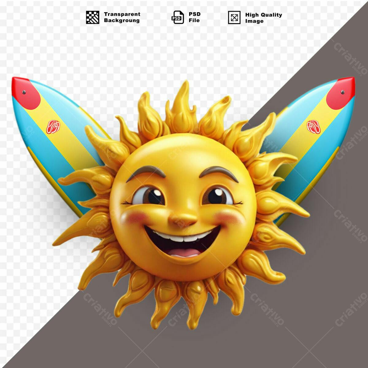 Ilustração Sol Sorrindo com Pranchas PSD Editável