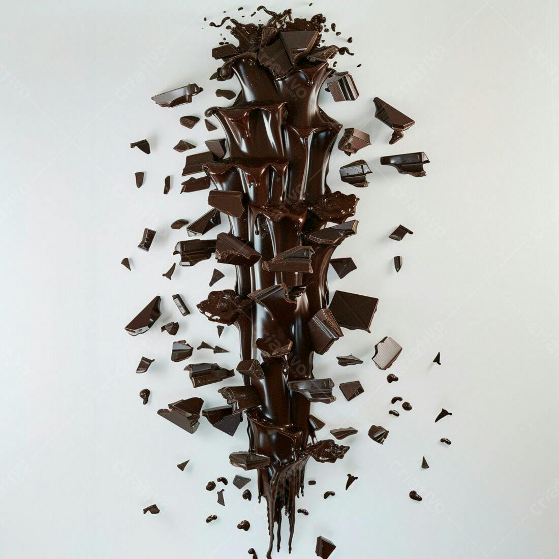 Chocolate derretendo e em pedaços sobre fundo branco