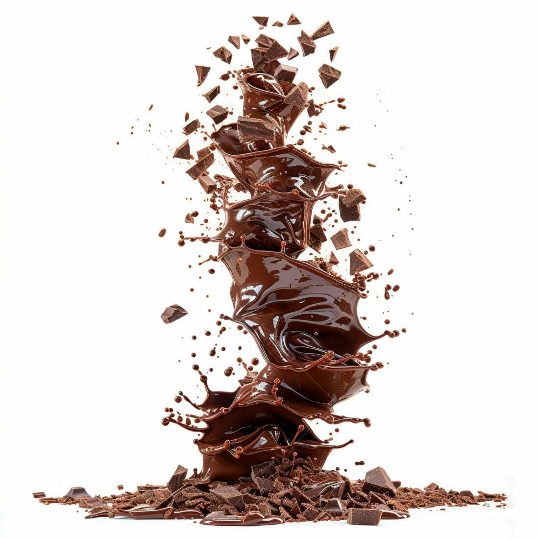Chocolate derretido em movimento com pedaços