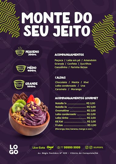 Cardápio açaí acaiteria