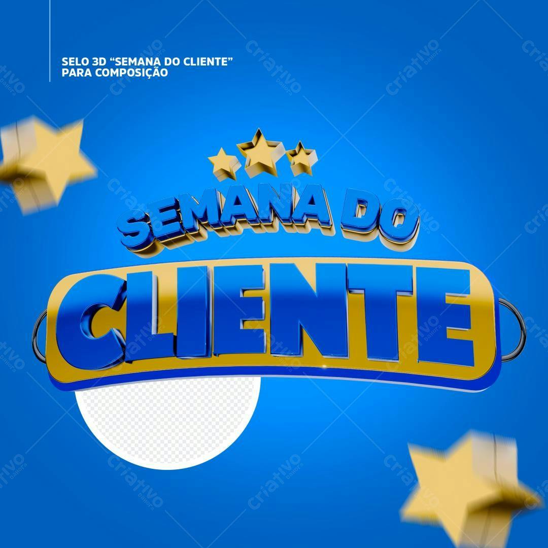 Selo 3D promocional azul e dourado Semana do Cliente