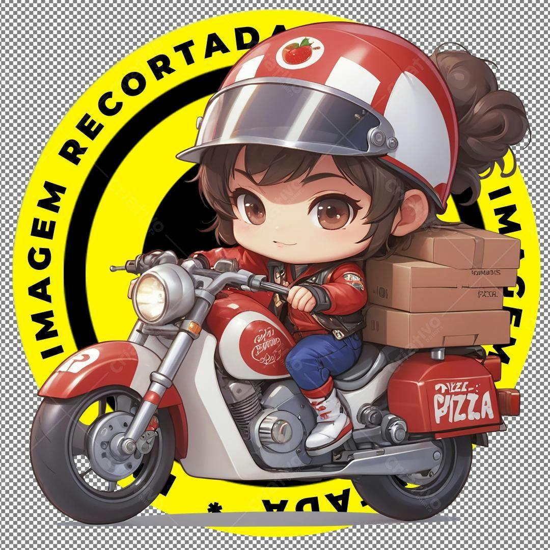 Motociclista entregadora de pizza estilo chibi