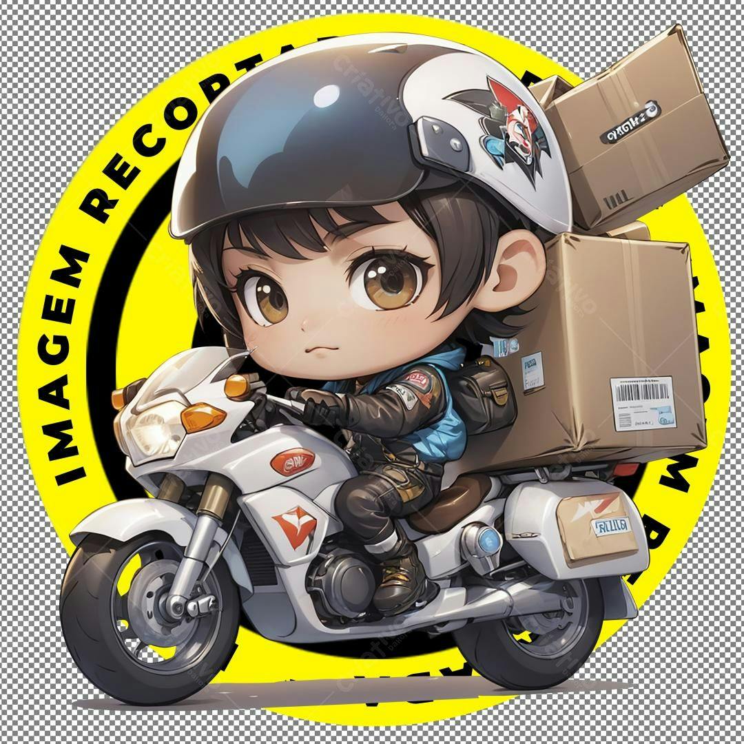 Motociclista chibi entregando pacotes