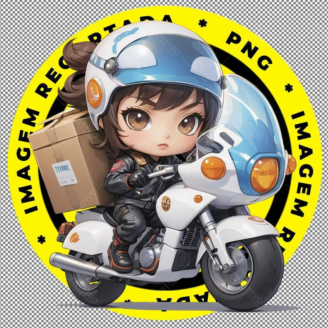 Motociclista chibi entregando pacote