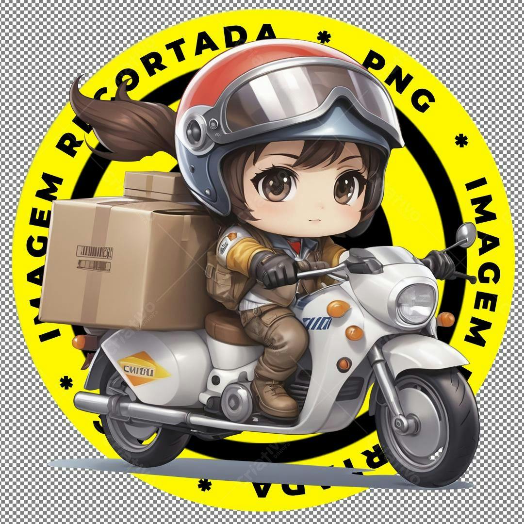 Motociclista chibi entregando pacote
