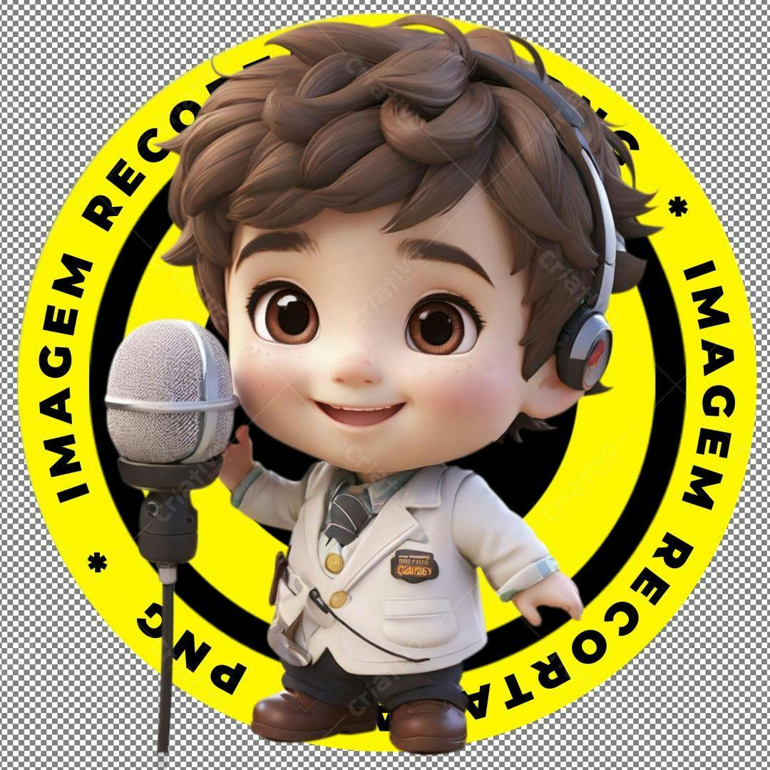 Menino apresentador de podcast com microfone