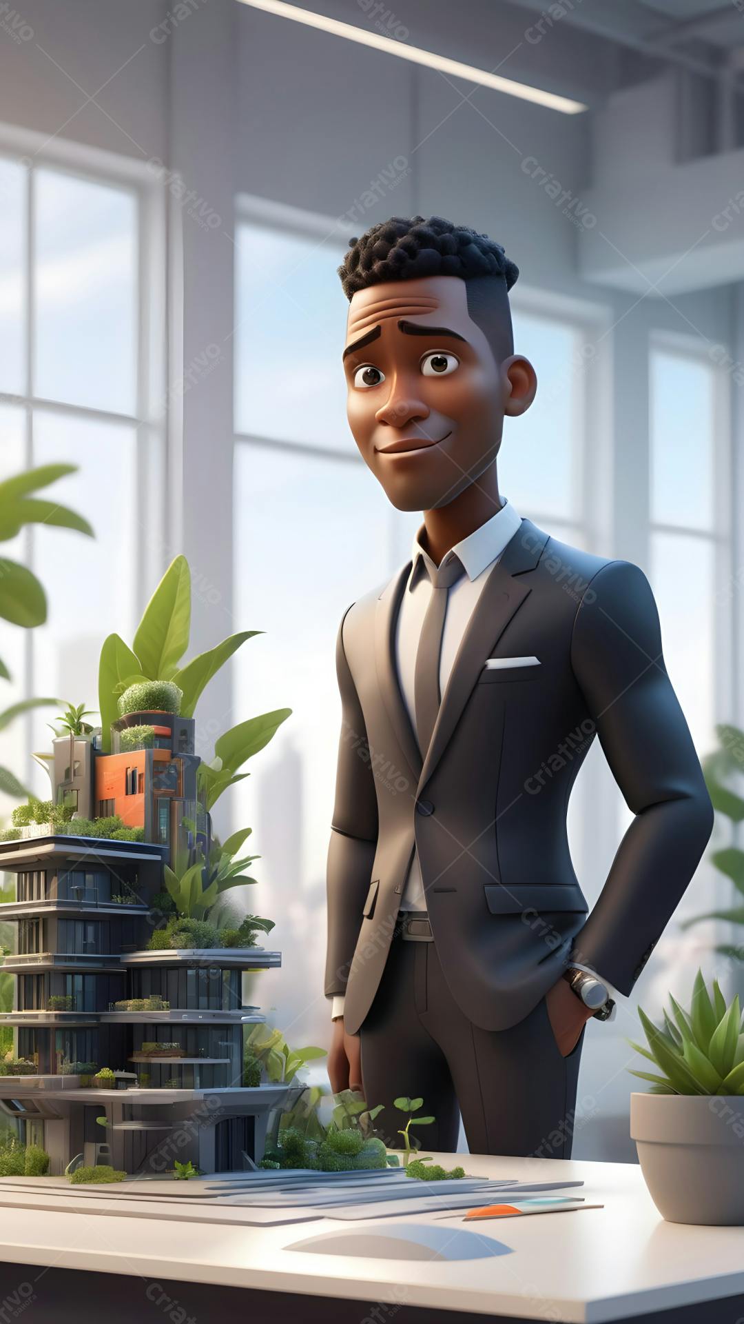 Arquiteto negro sorrindo com maquete ecológica