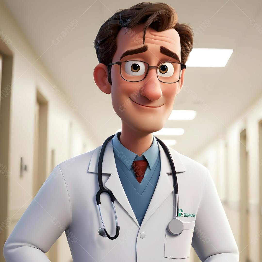 Médico desenho animado sorrindo corredor hospital