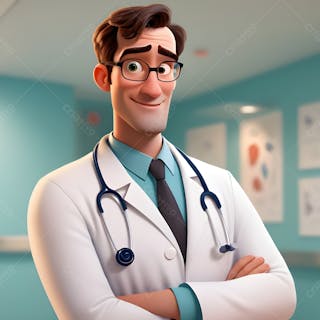 Ilustração estilo disney pixar de um médico ia