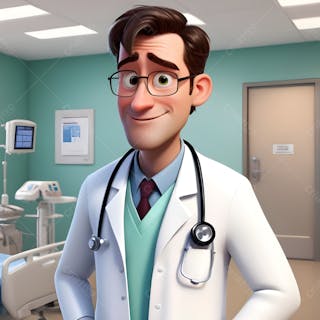 Ilustração estilo disney pixar de um médico, em um ambiente