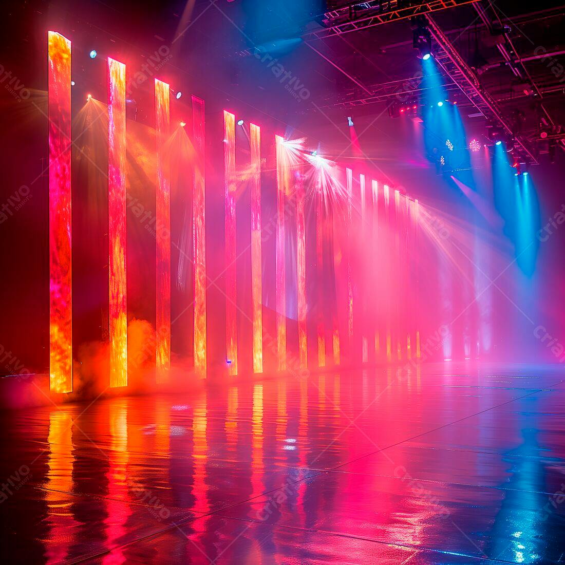Palco iluminado com luzes rosa e azuis