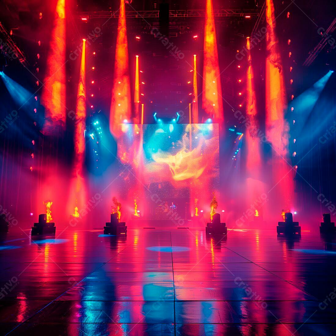 Palco com iluminação vermelha e azul em show