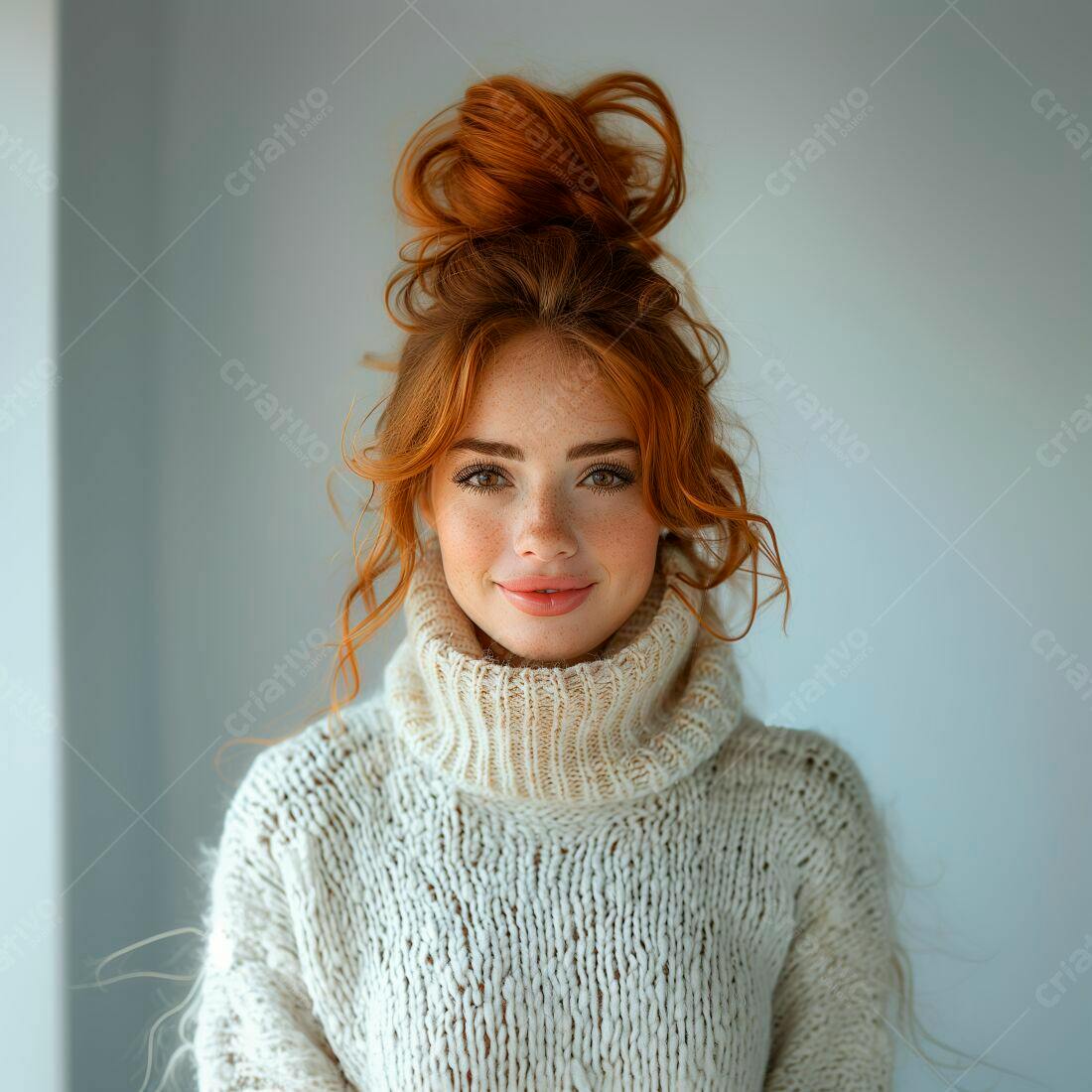 Mulher ruiva com suéter branco sorrindo