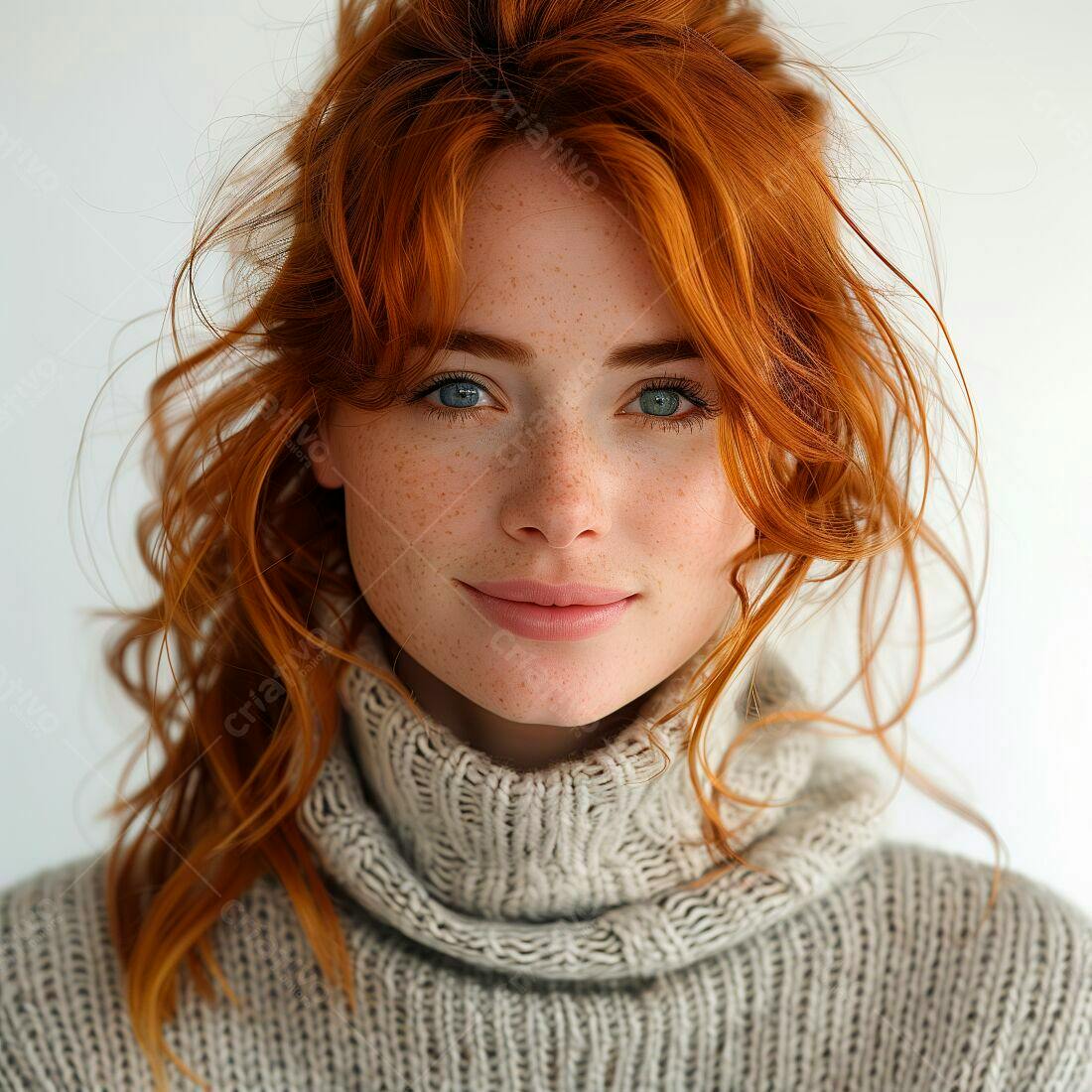 Mulher ruiva sorrindo com suéter cinza