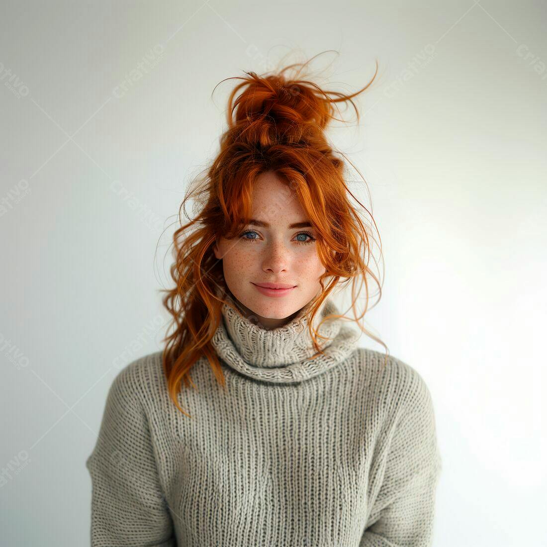 Mulher ruiva com suéter cinza claro