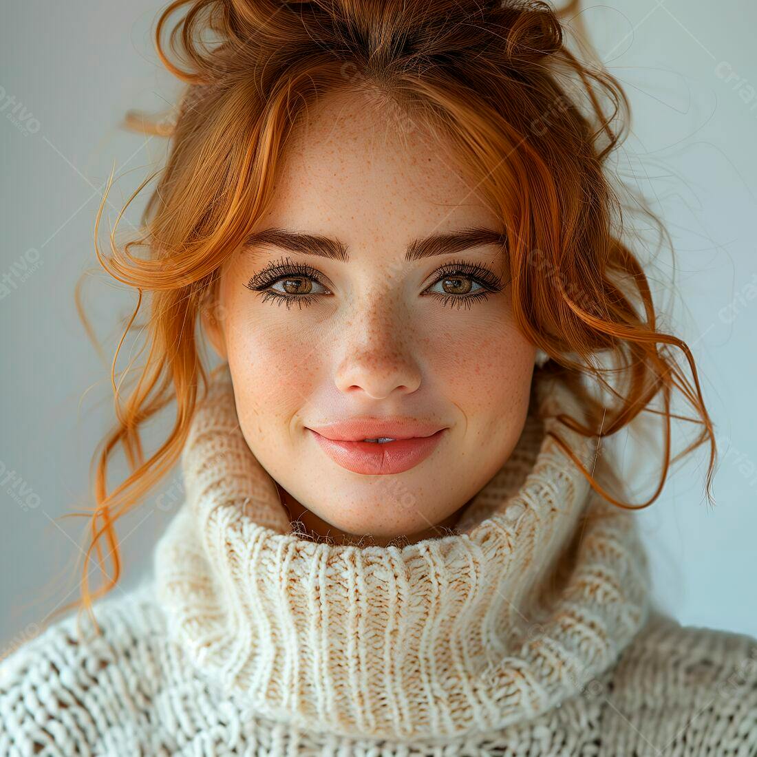 Mulher ruiva sorrindo suéter creme