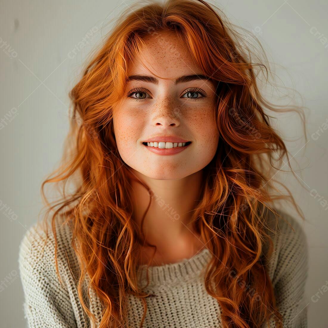 Mulher ruiva sorridente com sardas