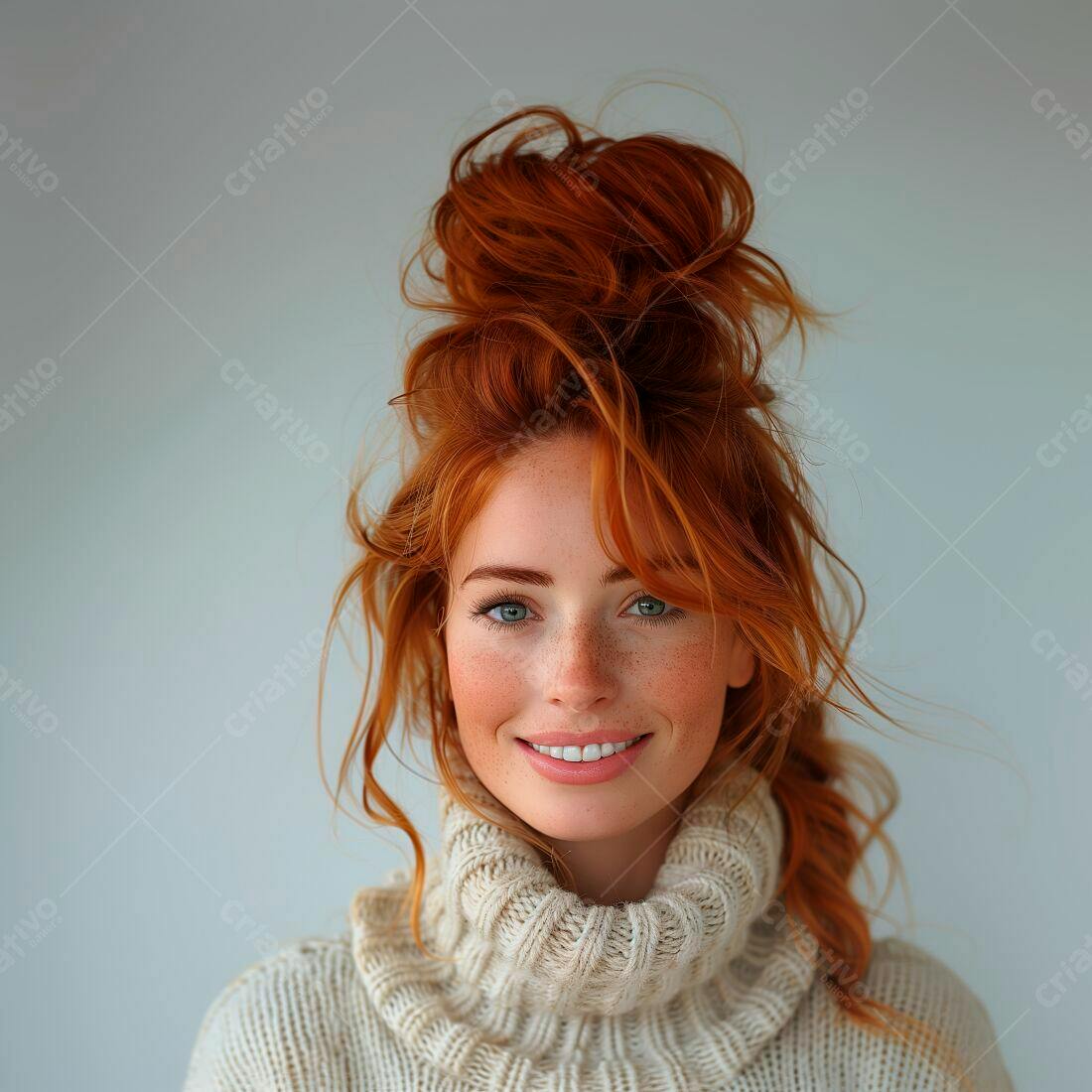 Mulher ruiva sorrindo com cabelo preso