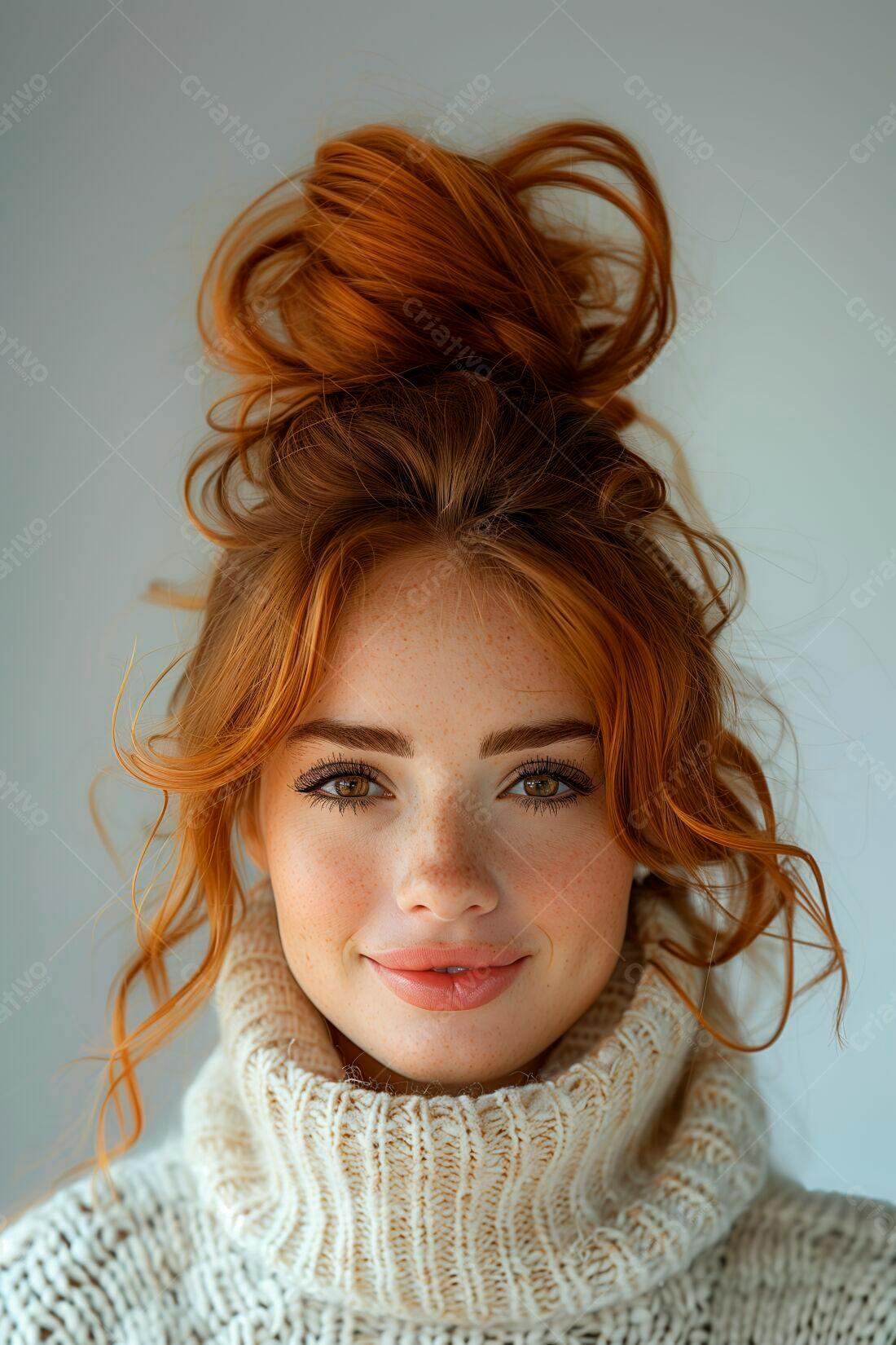 Mulher ruiva com suéter sorrindo