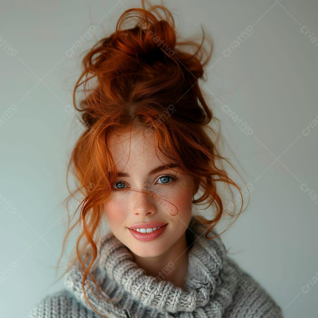 Mulher ruiva sorrindo com cabelo preso