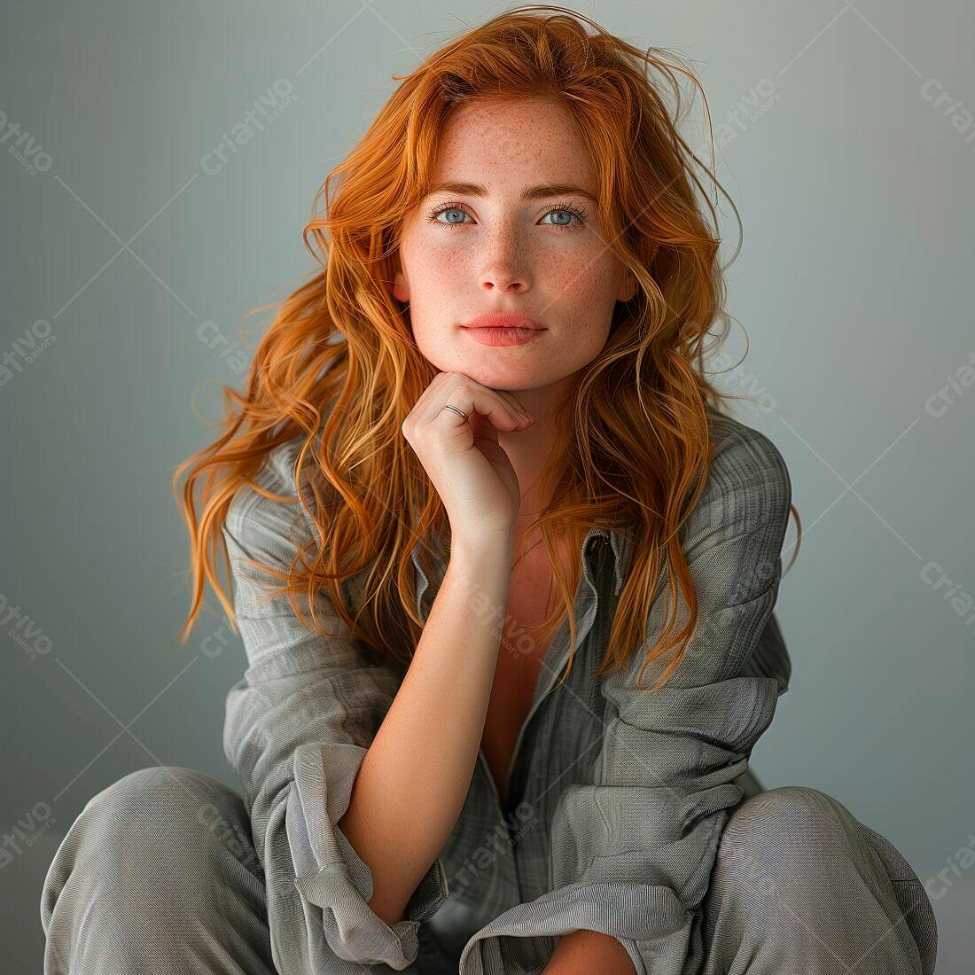 Mulher ruiva pensativa em estúdio