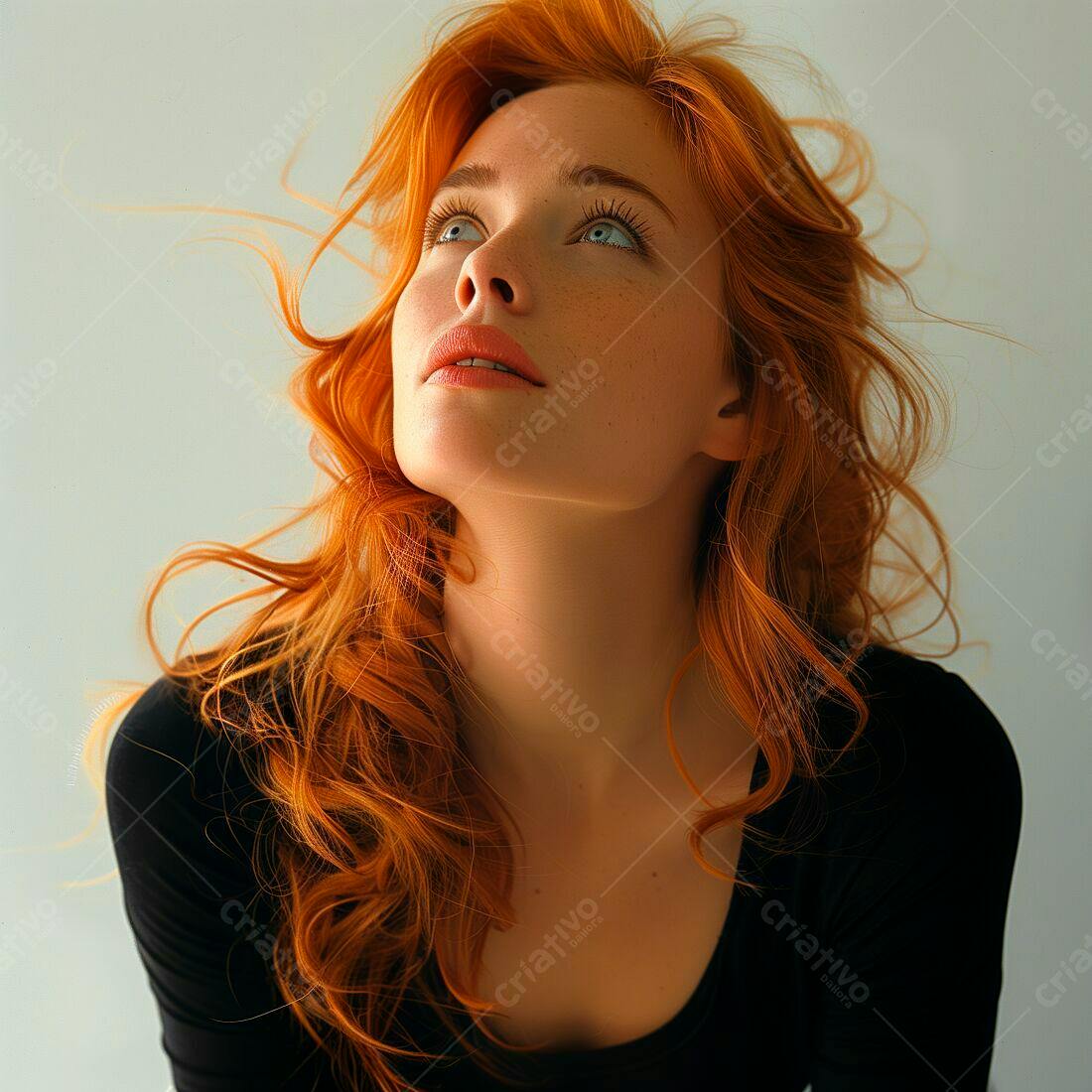 Mulher ruiva olhando para cima fundo claro