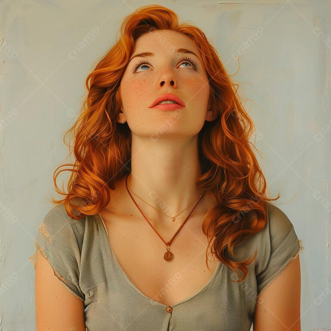 Mulher ruiva olhando para cima fundo azul
