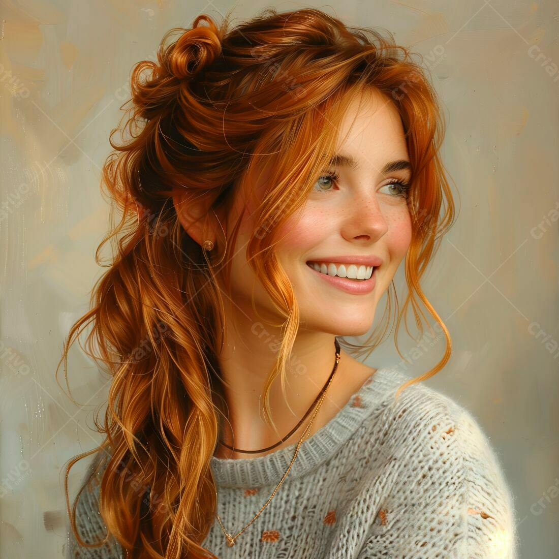 Mulher ruiva sorrindo com cabelo ondulado