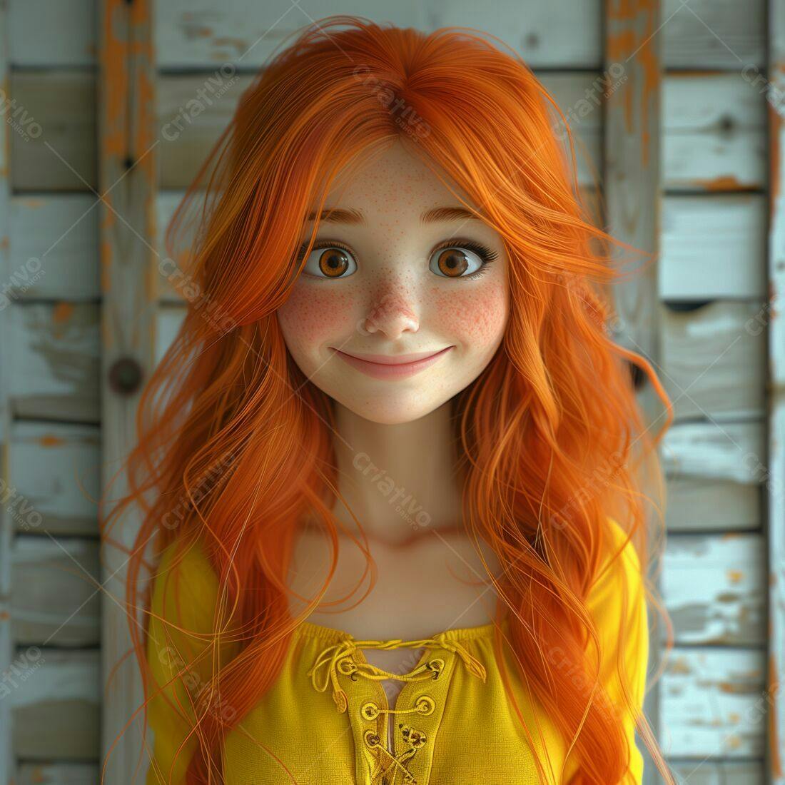 Menina ruiva sorridente com vestido amarelo