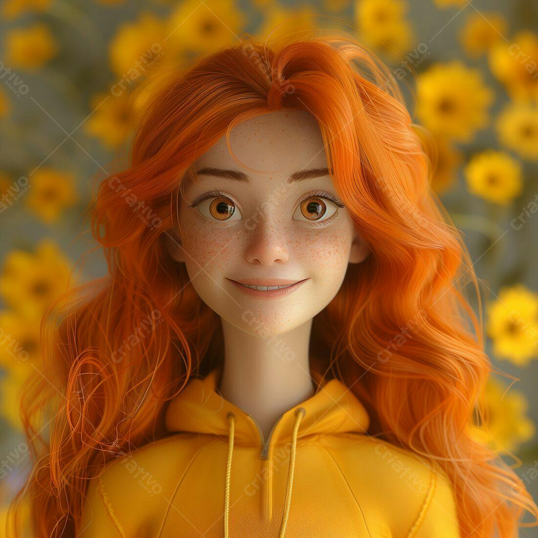 Menina ruiva sorridente com moletom amarelo