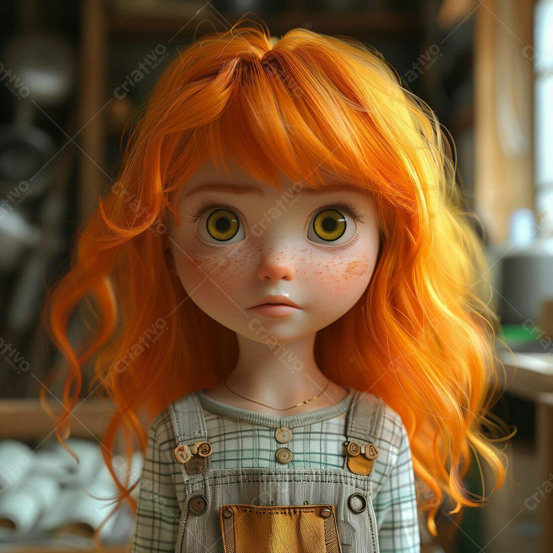 Menina ruiva com sardas usando macacão