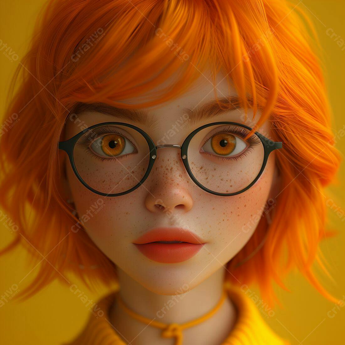 Menina ruiva de óculos fundo amarelo