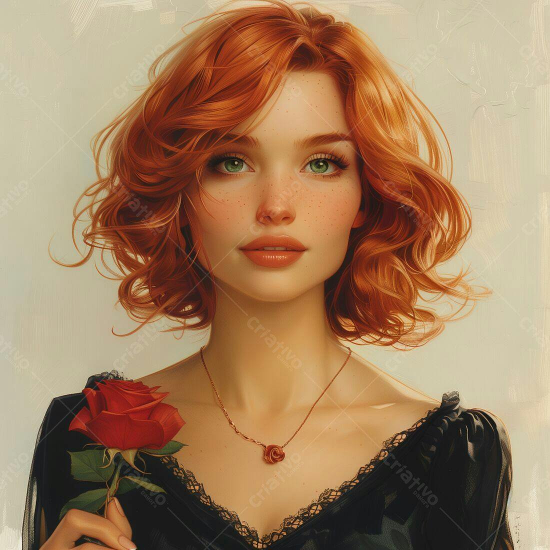 Mulher ruiva com rosa vermelha e colar