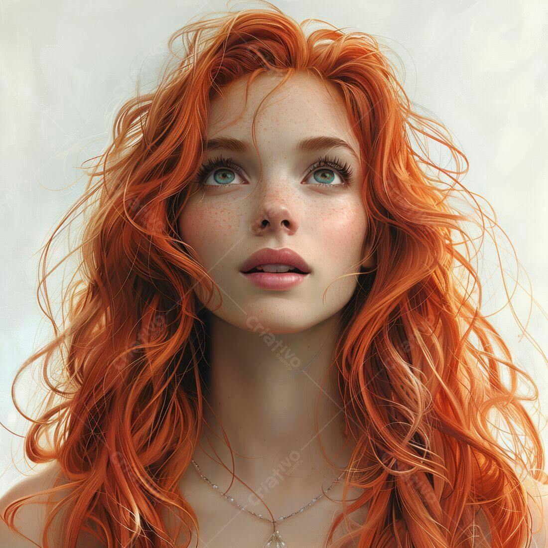 Mulher ruiva com sardas olhando para cima