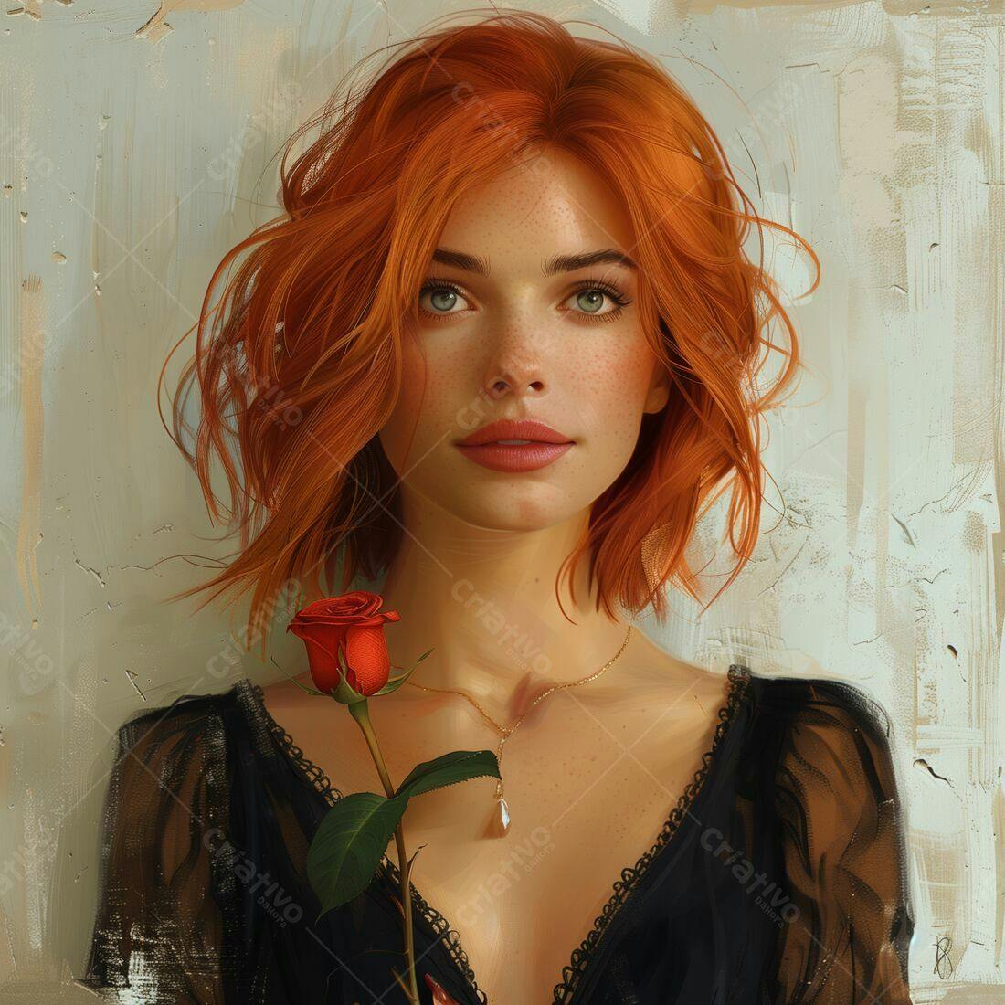 Mulher ruiva com rosa vermelha