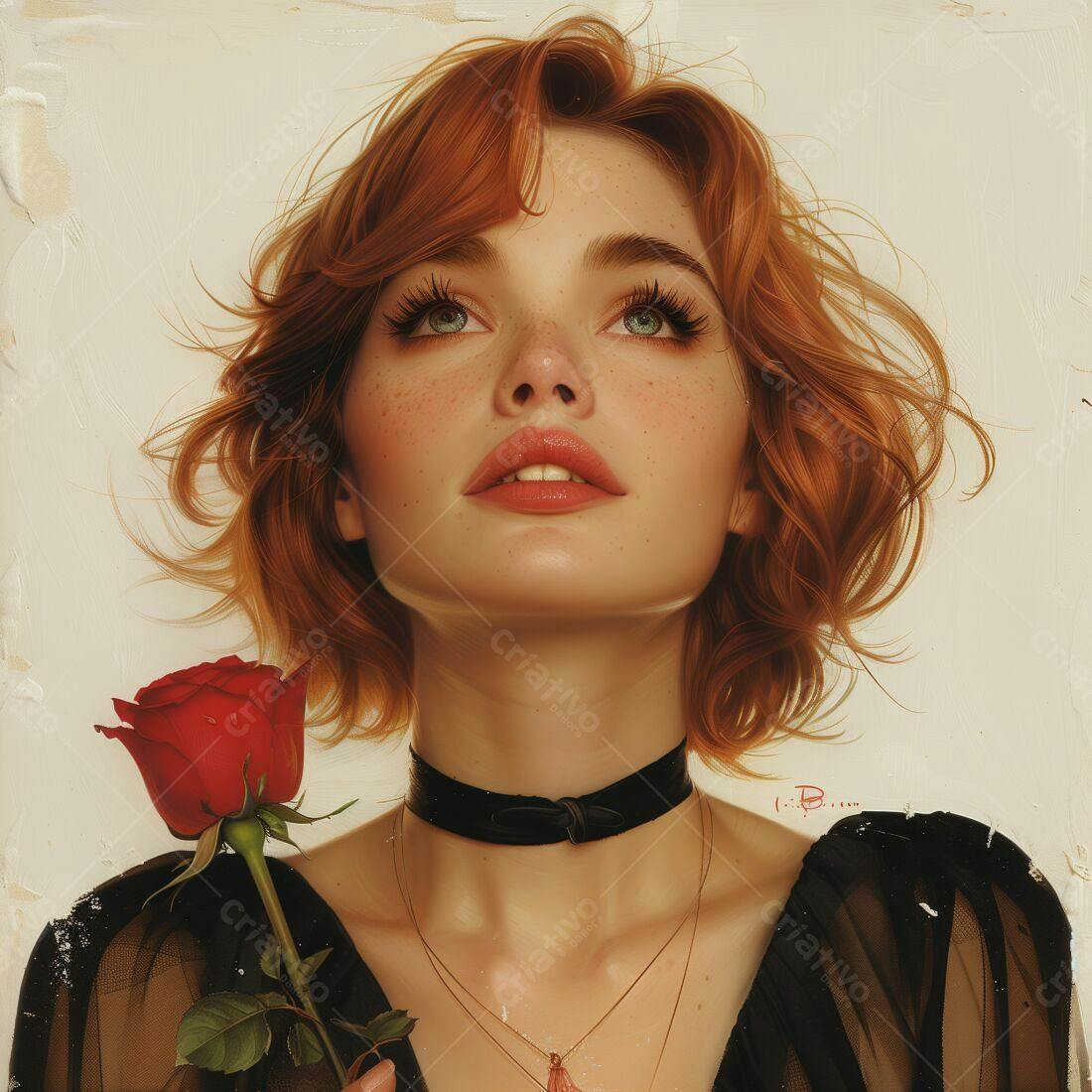 Mulher ruiva segurando rosa vermelha