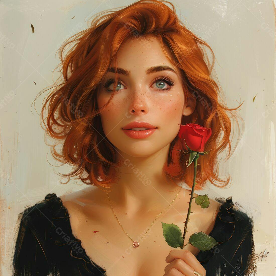 Mulher ruiva segurando rosa vermelha