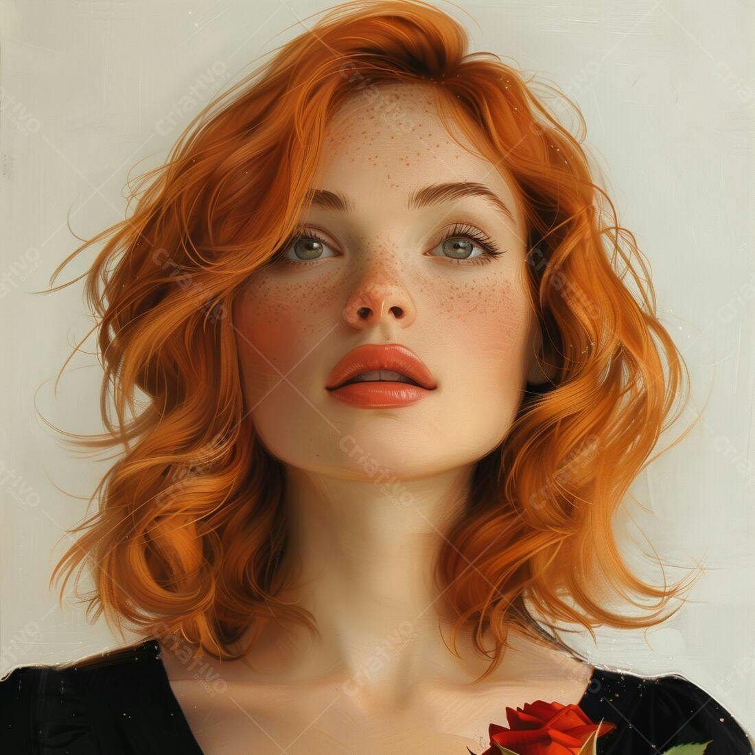 Retrato mulher ruiva com sardas e rosa vermelha