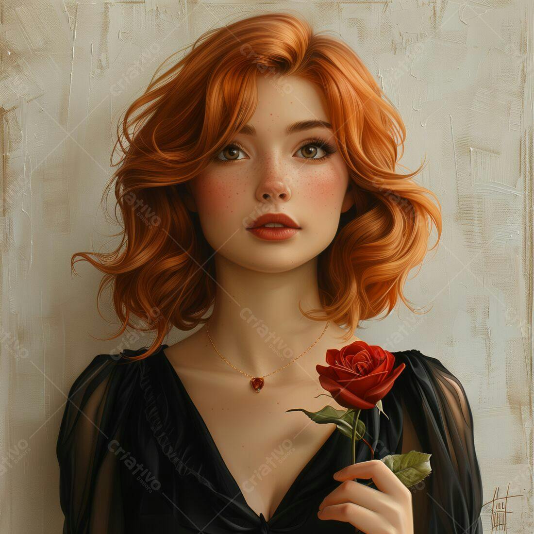 Mulher ruiva segurando rosa vermelha