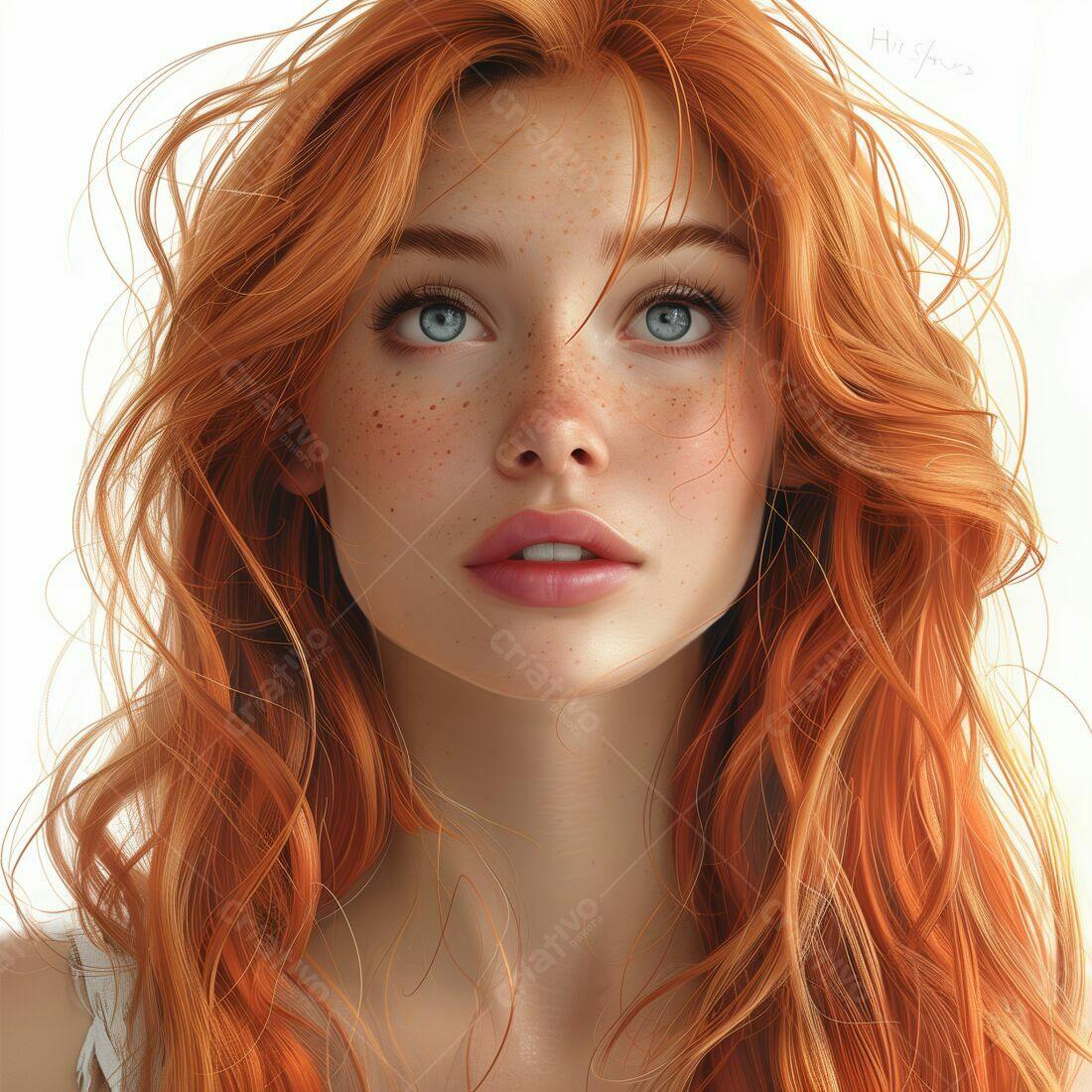 Mulher ruiva com sardas olhando para cima