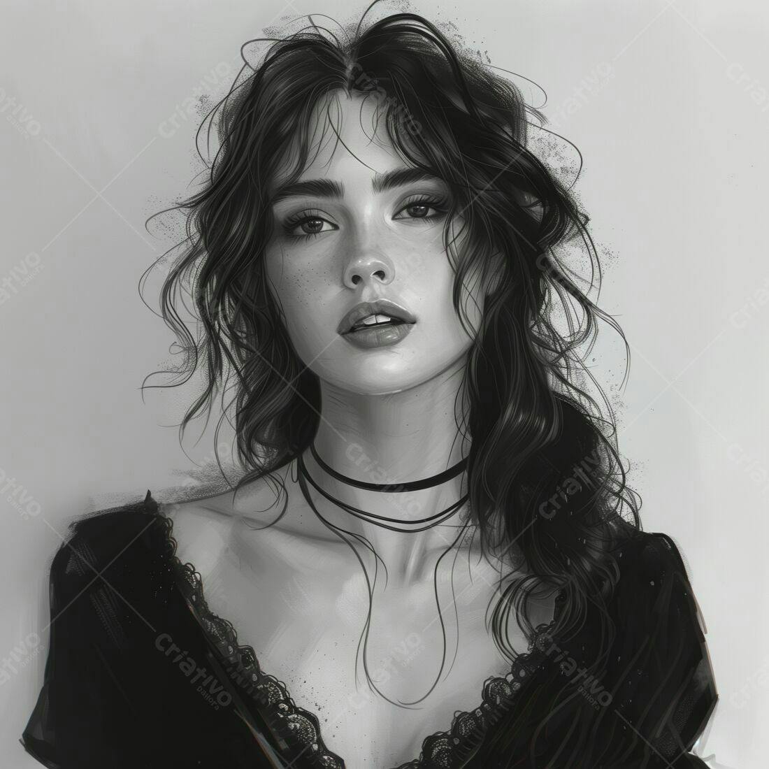 Retrato feminino monocromático cabelo cacheado