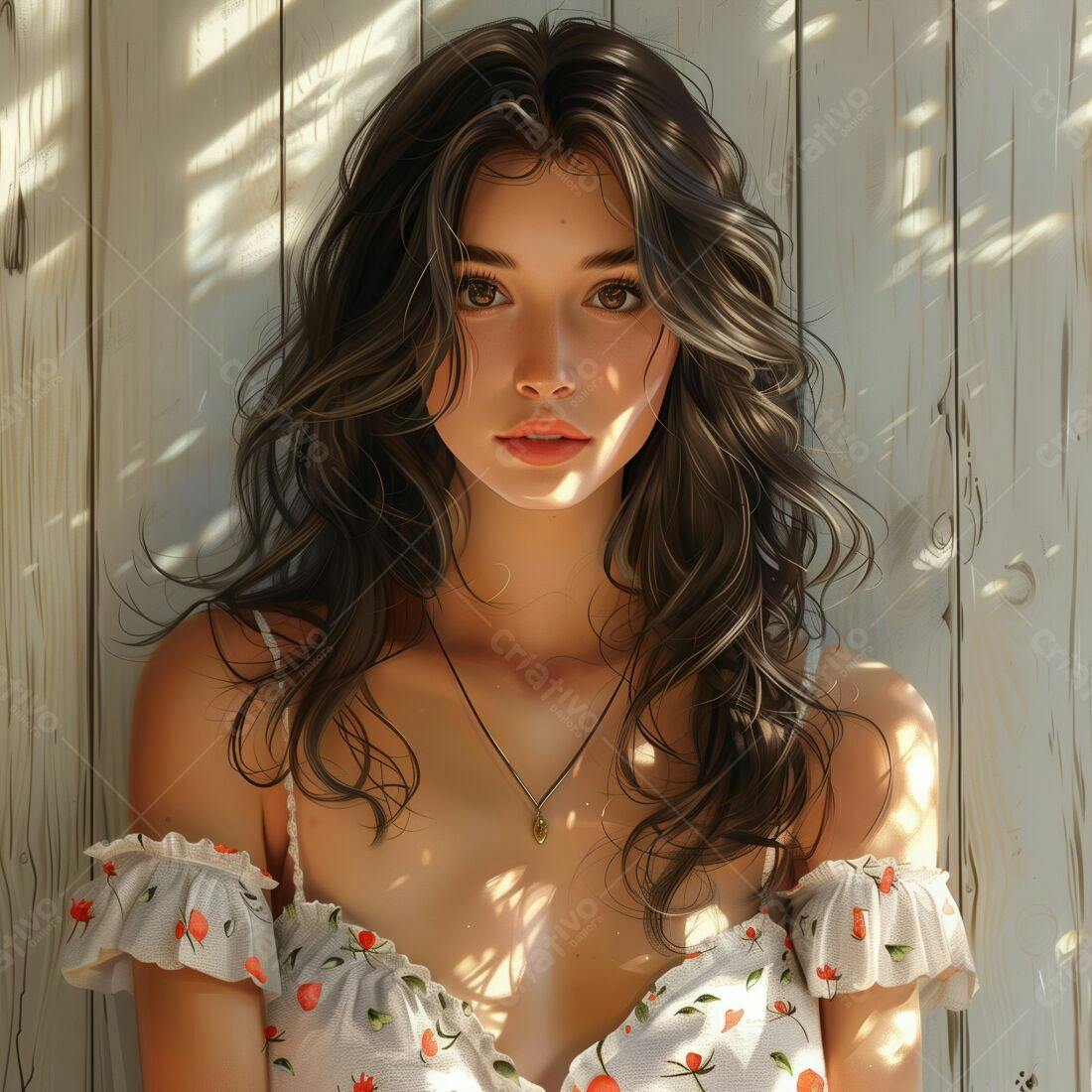 Mulher jovem com cabelo castanho claro e vestido floral