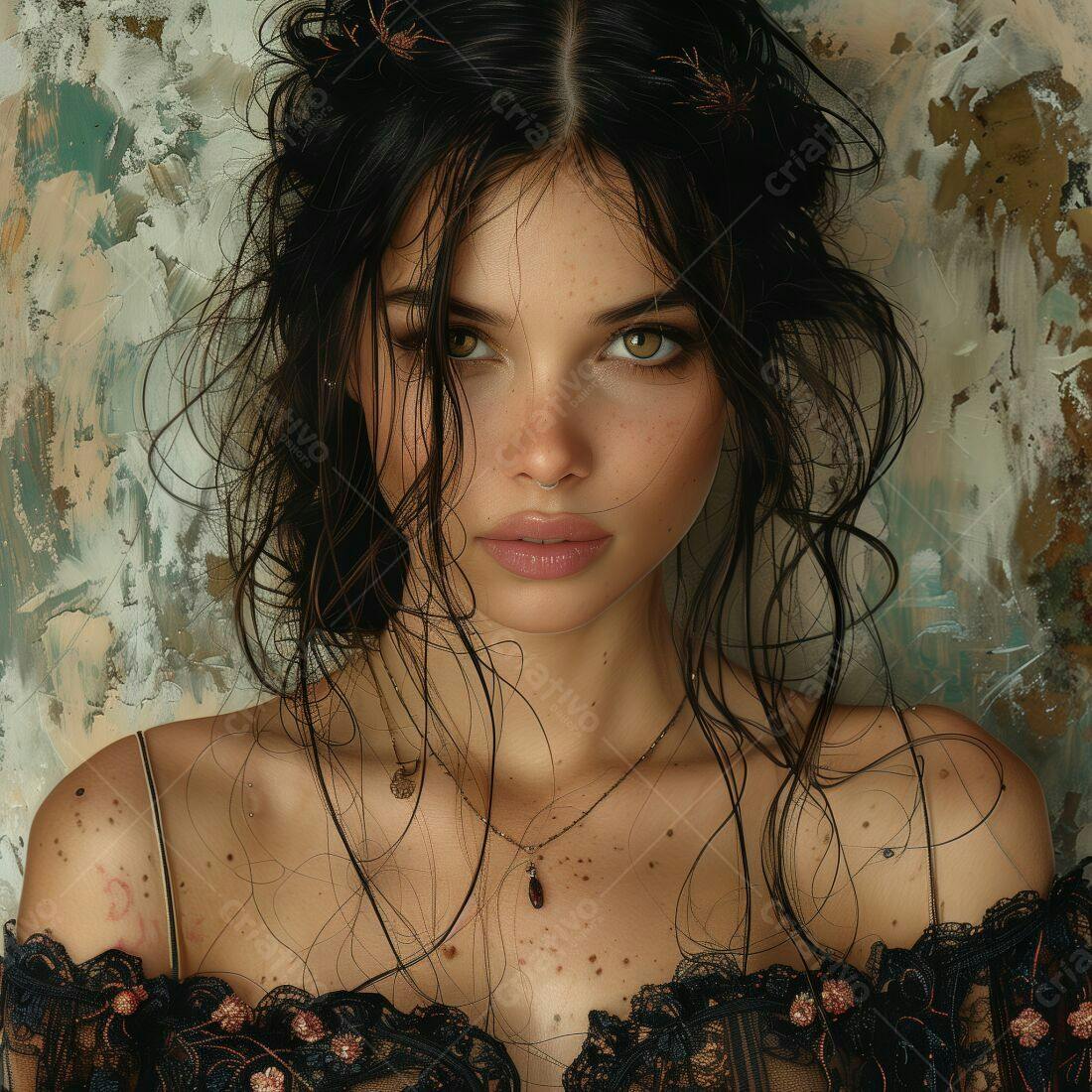 Mulher com cabelo molhado e sardas usando vestido preto