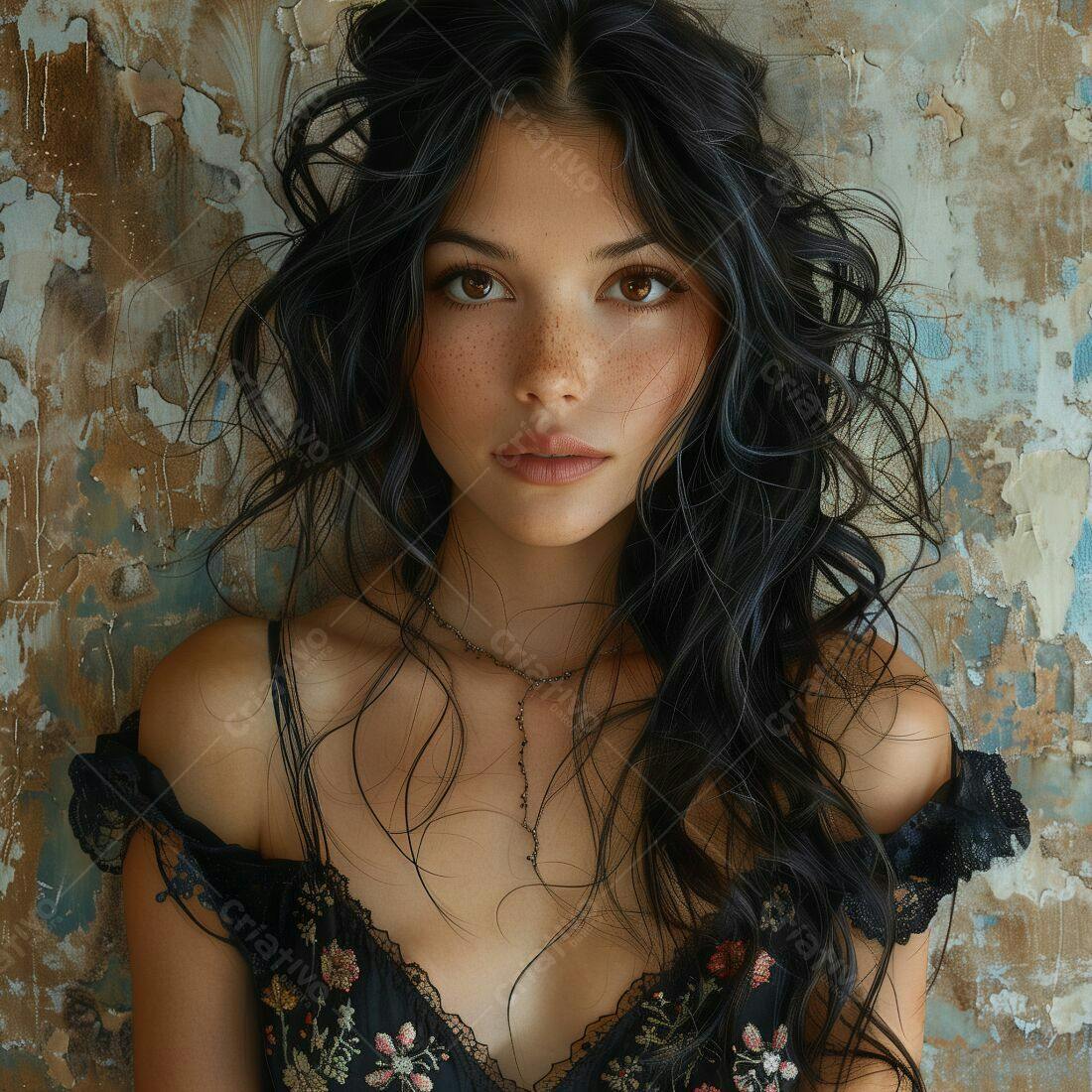 Mulher com sardas cabelo preto vestido floral