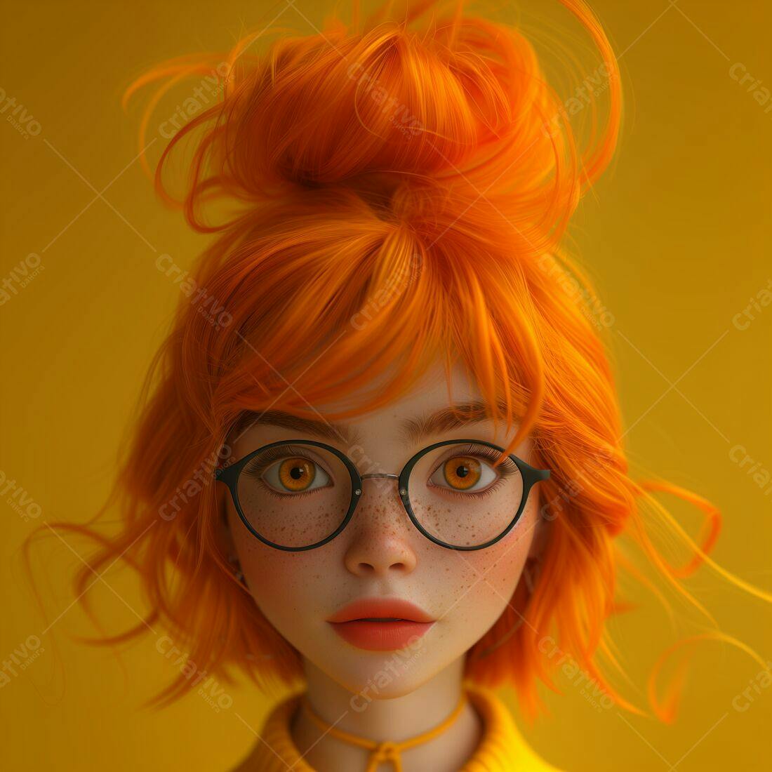 Menina ruiva com óculos fundo amarelo