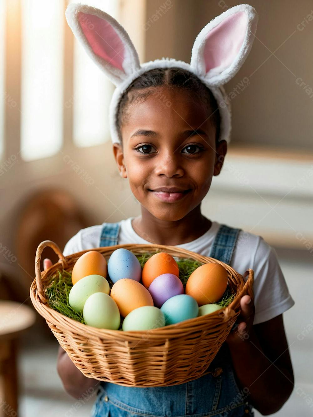 Imagem De Uma Linda Garotinha Negra Com Uma Cesta De Ovos De Páscoa 1