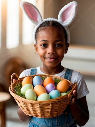 Imagem de uma linda garotinha negra com uma cesta de ovos de páscoa 1