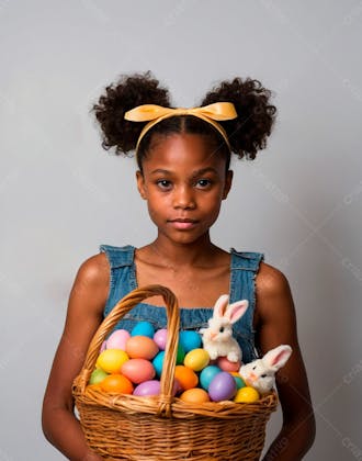 Imagem de uma linda garotinha negra com uma cesta de ovos de páscoa 2
