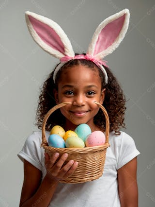 Imagem de uma linda garotinha negra com uma cesta de ovos de páscoa 3