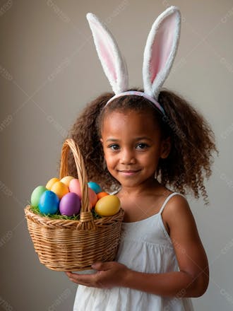 Imagem de uma linda garotinha negra com uma cesta de ovos de páscoa 4